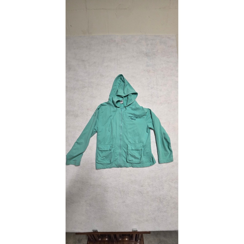 VINTAGE 90s Rainforest Cafe Downtown Disney Hoodie L Green Full Zip Cargo